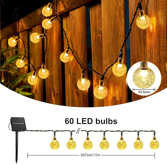 Guirlande Solaire Extérieure 11M 60 LEDs – 8 Modes, IP65 Étanche, Blanc Chaud