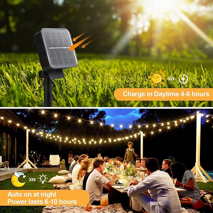 Guirlande Solaire Extérieure 11M 60 LEDs – 8 Modes, IP65 Étanche, Blanc Chaud